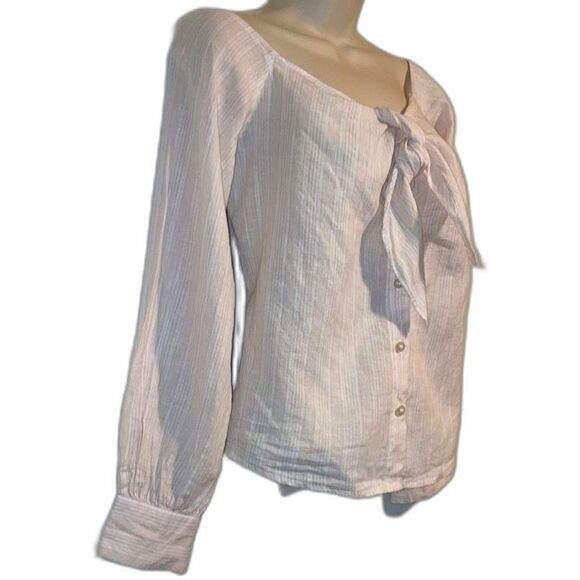 FREE PEOPLE Linen Blend Hello There Off The Shoulder  Pink White Mini Stripes XS - Picture 3 of 12